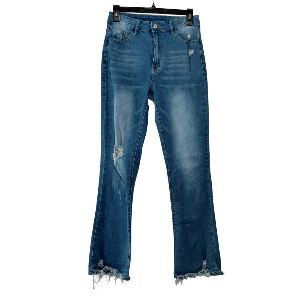 Distressed Denim Bootcut Jeans Women's Med High Rise Flare Stretch Raw Hem